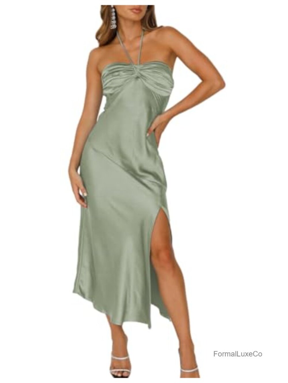 Satin Halter Midi Dress Wedding Guest Formal Bodycon